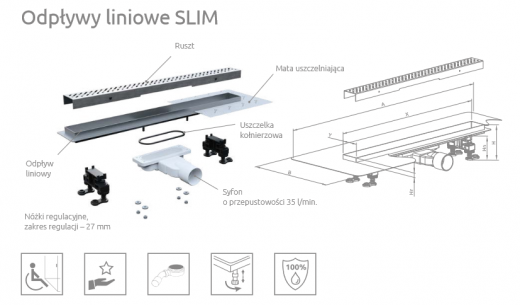 Radaway odpływ liniowy Slim Steel